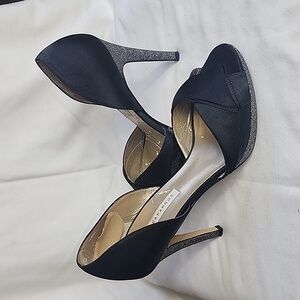 #14 Caparros Black satin dress sandals with metallic heel size 9